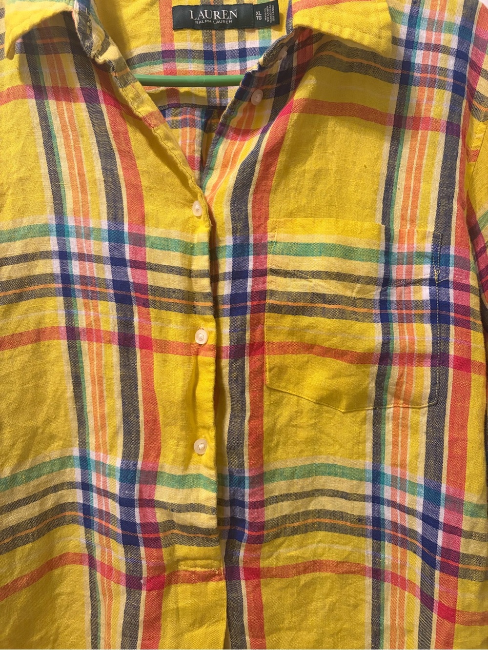 Lauren Ralph Lauren 100% Linen Vibrant Yellow Madras Plaid Tunic XL - Picture 3 of 11